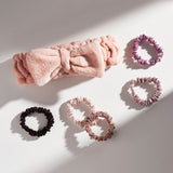 SLIM SATIN HAIR SCRUNCHIES (5 pack - Pink, Beige, Mauve, Copper, Dark Brown)