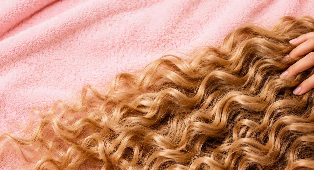 Image of blonde curly hair on pink towel.