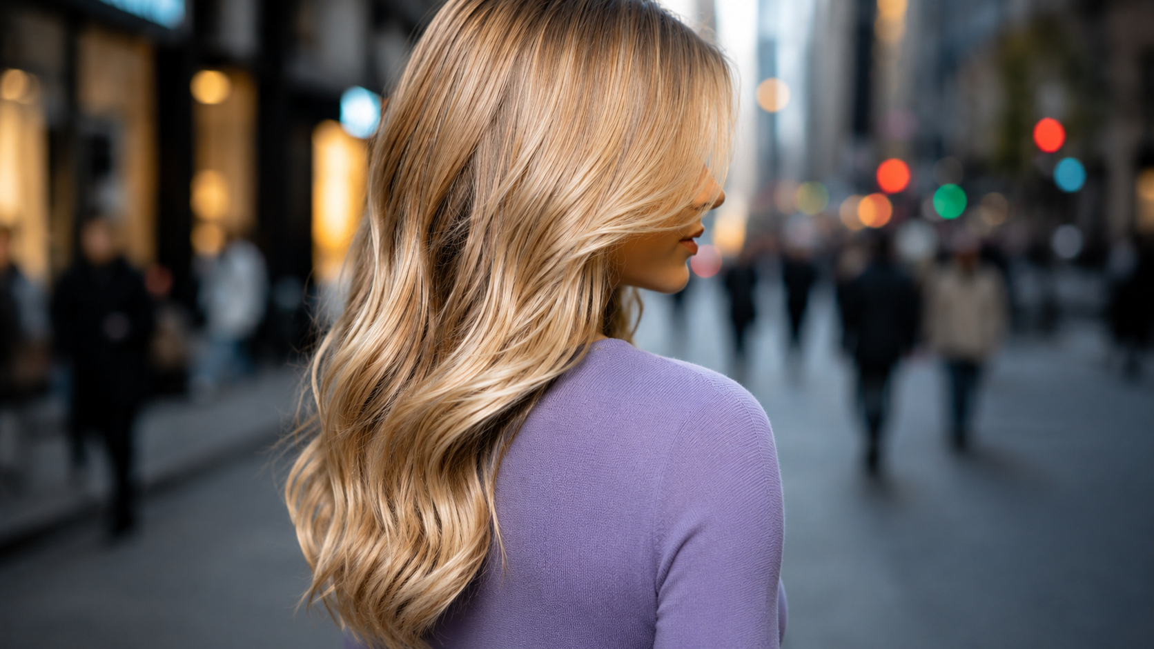 image of blonde woman in purple shirt on city street