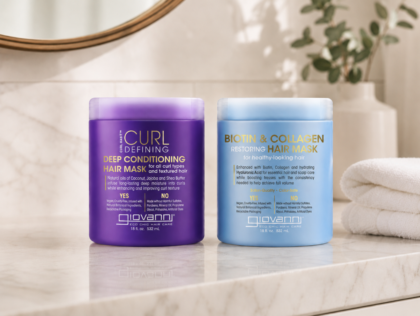 Image of Curl Habit Curl Defining Hair Mask and Biotin & Collagen Hair Mask on bathroom vanity. 