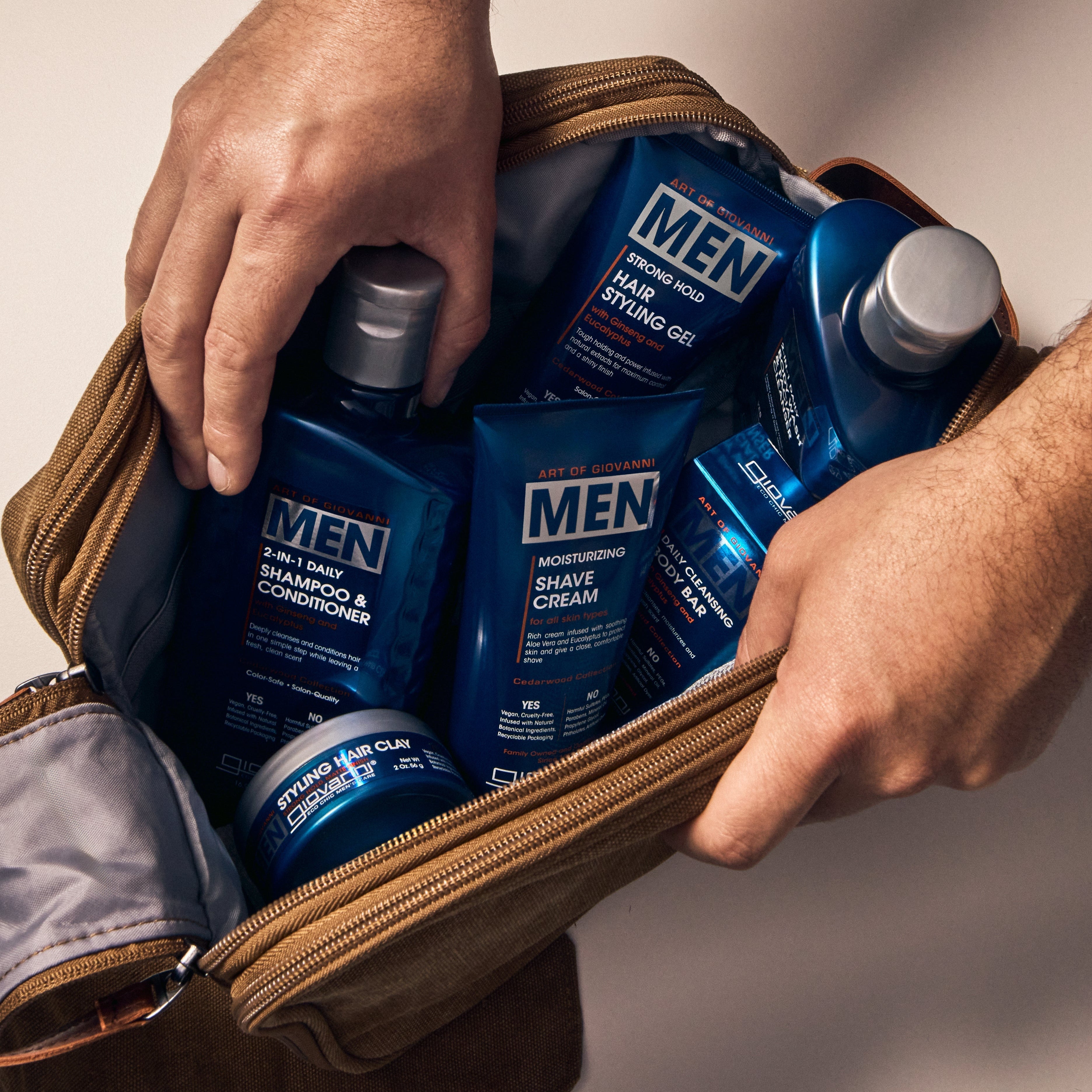 Image of Giovanni MEN Collection products within a brown leather travel bag. 