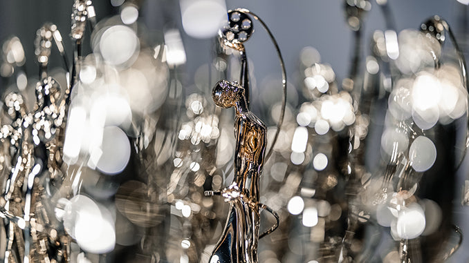 MUAHS Guild Awards statues lined up on stage prior to the Awards Ceremony on Saturday, February 14, 2026.