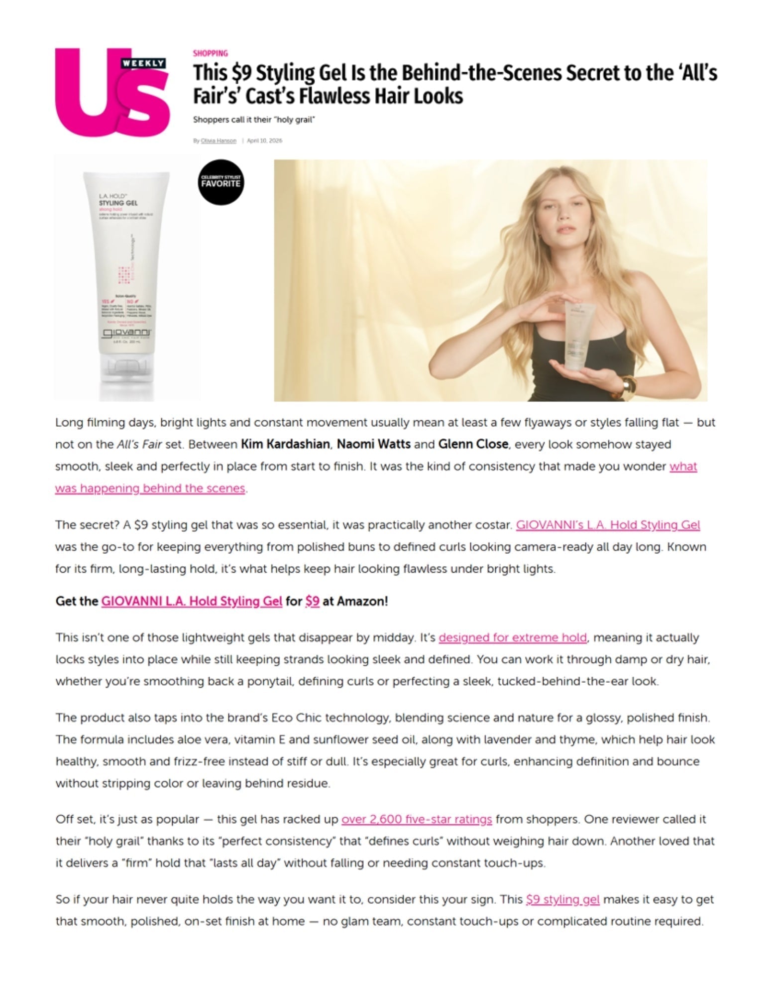 US Weekly article showing Giovanni's LA Hold Styling Gel used on the All's Fair Cast's hair.