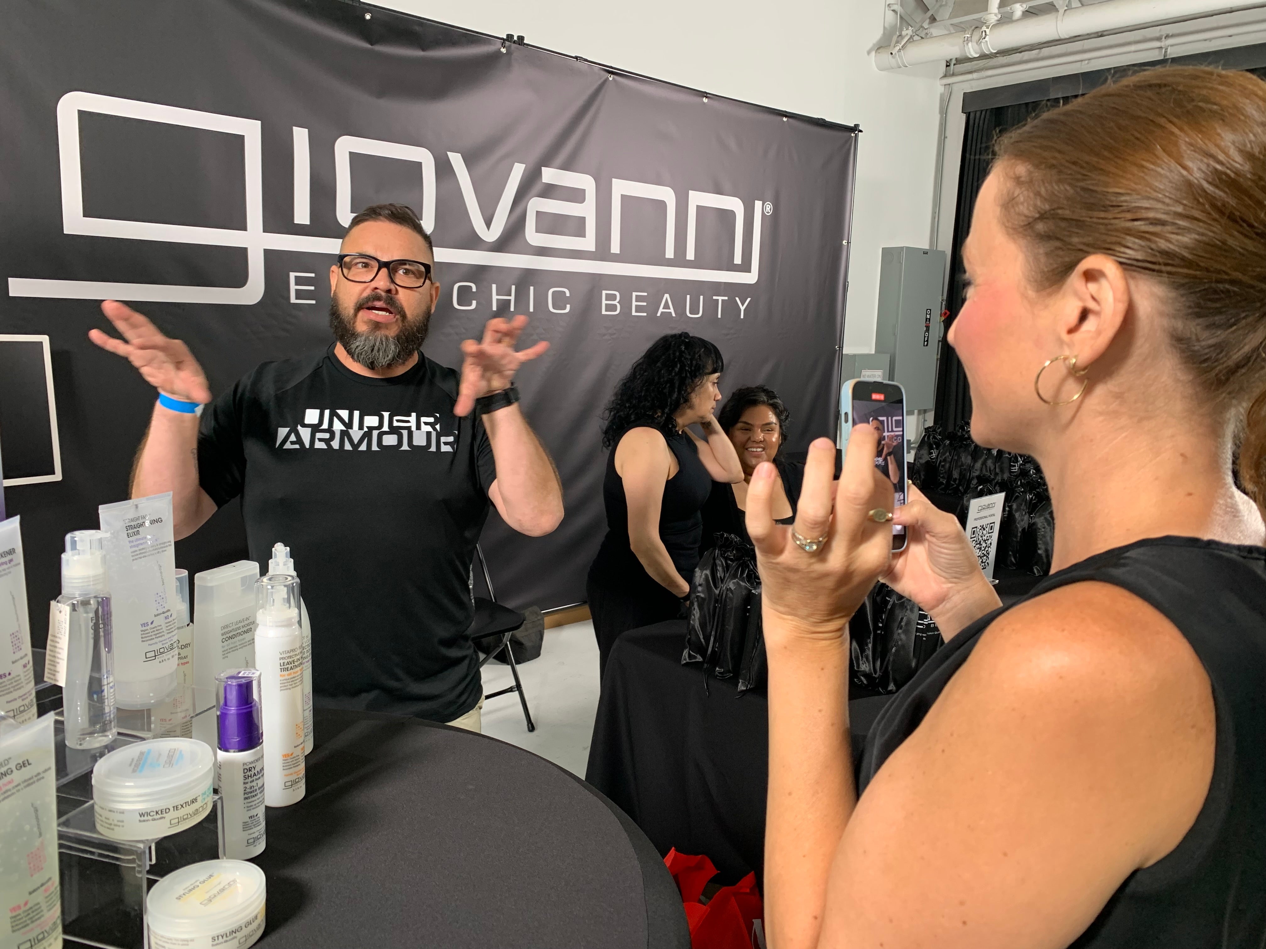 Photo of Giovanni representative documenting celebrity stylist and Local 706 Hollywood Makeup Artist Levi Vieira's favorite Giovanni products