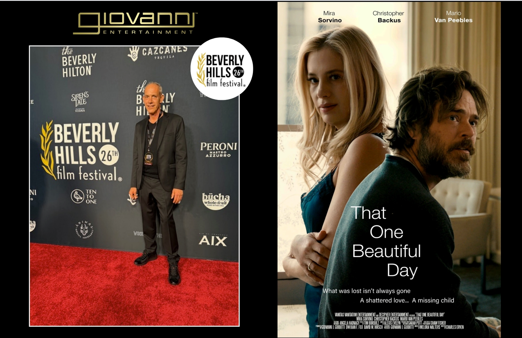 Giovanni James Guidotti on the red carpet at the beverly hills film festival alongside a movie poster of his movie, That One Beautiful Day
