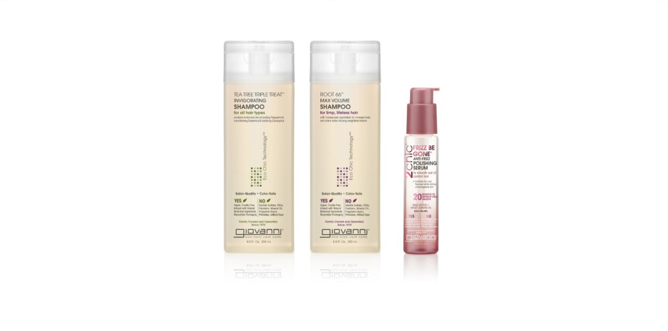 Bottles of Giovanni Tea Tree and Root 66 Shampoos with 2Chic Frizz Be Gone Polishing Serum
