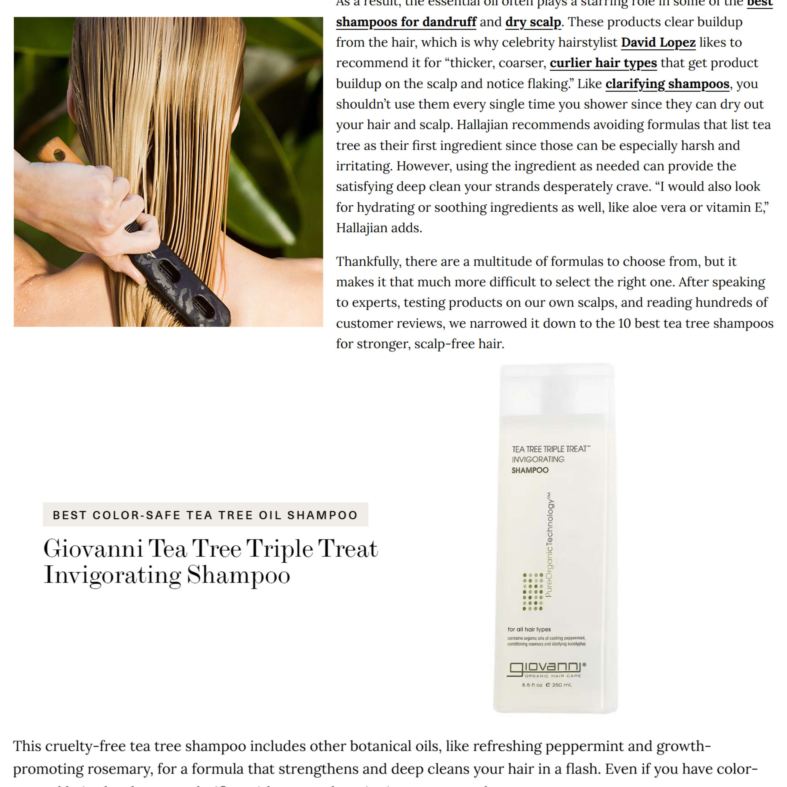 Elle magazine article showcasing Giovanni's Tea Tree Triple Treat Shampoo for flake-free scalp