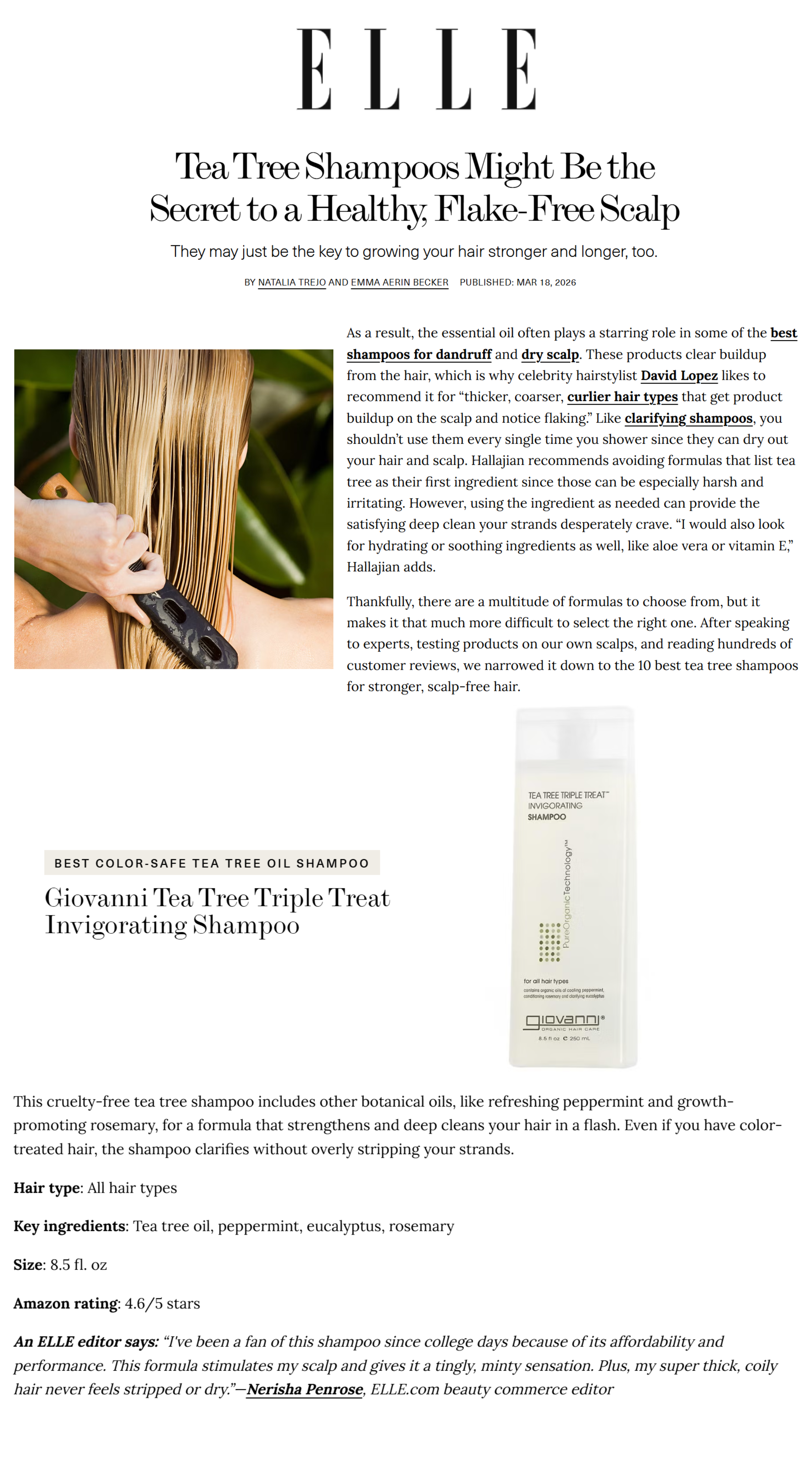 Elle magazine article showcasing Giovanni's Tea Tree Triple Treat Shampoo for flake-free scalp