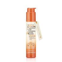 A bottle of Giovanni Cosmetics 2chic® ULTRA-VOLUME SUPER POTION HAIR VOLUMIZING BOOSTER with a pump dispenser and orange-yellow gradient design—ideal for boosting fine hair volume.
