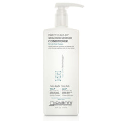 A white pump bottle of Giovanni Cosmetics DIRECT LEAVE-IN™ WEIGHTLESS MOISTURE CONDITIONER, a color-safe, salon-quality formula for all hair types, is available in 24 fl. oz. and labeled with eco-friendly branding.