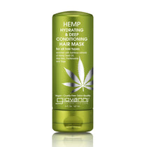 A green bottle of Giovanni Cosmetics HEMP HYDRATING & DEEP CONDITIONING HAIR MASK displays a hemp leaf graphic and white product details on the front.