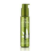 A green pump bottle labeled HEMP HYDRATING HAIR SERUM by Giovanni Cosmetics features a cannabis leaf. This salon-quality serum smooths, hydrates, and tames frizz and flyaways for all hair types.