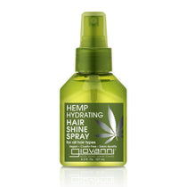Giovanni Cosmetics HEMP HYDRATING HAIR SHINE SPRAY, in a green bottle with a hemp leaf design, contains hemp seed oil. This vegan, cruelty-free spray is salon-quality and hydrates for shiny hair suitable for all types.