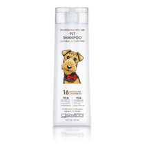 A 16 oz bottle of Giovanni Cosmetics PROFESSIONAL PET SHAMPOO - OATMEAL & COCONUT, ideal for sensitive skin, features a dog in a red bow tie and highlights 16 benefits for a happier pet on the label.