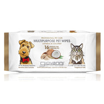 A package of Giovanni Cosmetics PROFESSIONAL PET CARE MULTIPURPOSE WIPES- OATMEAL & COCONUT features 75 fragrance-free wipes for sensitive skin with oatmeal and coconut, plus highlights of 16 benefits on the packaging with dog and cat illustrations.