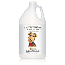 A gallon bottle of Giovanni 2-in-1 pet shampoo and conditioner with oatmeal and coconut