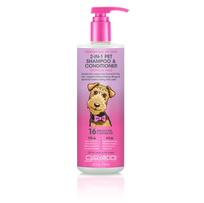 Bottle of Giovanni 2-in-1 pet shampoo and conditioner on a white background
