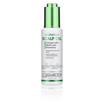 A white bottle of Giovanni Cosmetics HYDRATING SCALP OIL with a green metallic cap, featuring biotin and rosemary. The hydrating formula helps moisturize the scalp and supports healthy hair growth, highlighted in green and gray text.
