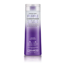 A tall purple ombre bottle of Giovanni Cosmetics COLOR CHIC™ PURPLE CONDITIONER for silver and blonde hair, with white and purple text highlighting its benefits and a clear cap.