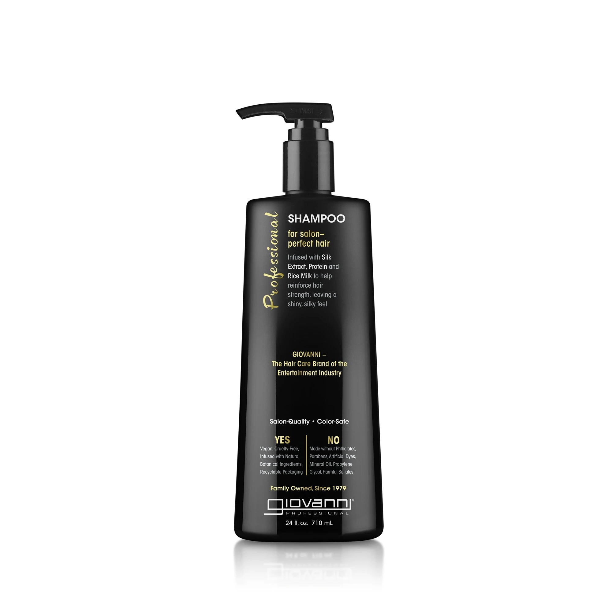 A black pump bottle of Giovanni Professional shampoo for salon-perfect hair, featuring gold and white text on a clean white background.