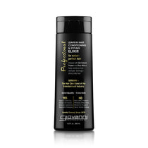 A black bottle of Giovanni Professional Leave-In Hair Conditioning & Styling Elixir, featuring gold and white text on a clean white background.