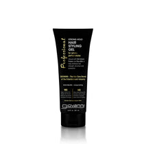 A black tube of Giovanni Cosmetics PROFESSIONAL STRONG HOLD HAIR STYLING GEL with Silk Extract, Keratin & Rice Milk stands upright on a white background. The labeling highlights salon-quality styling gel with long-lasting hold and natural ingredients.