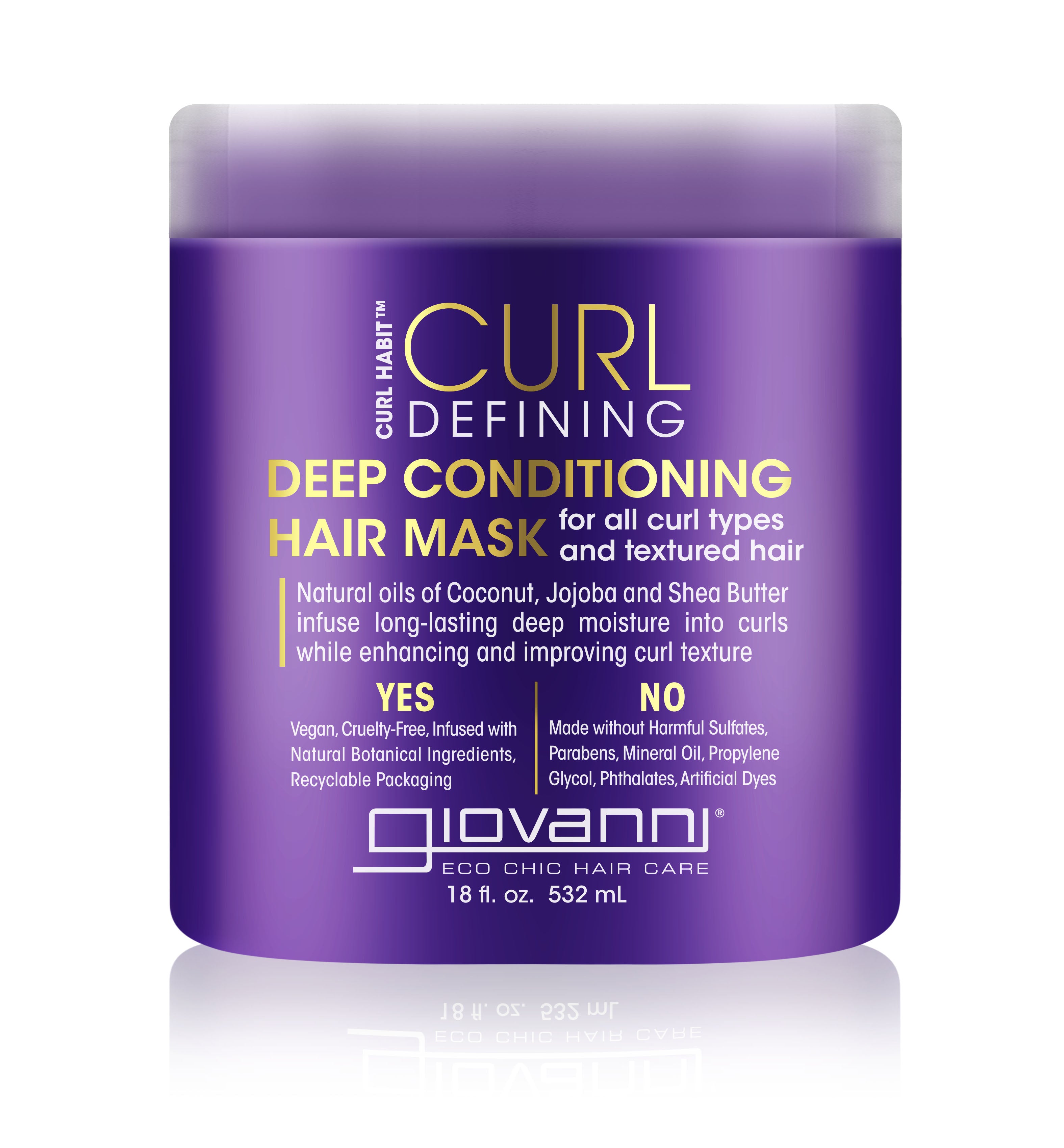A purple container of Giovanni Cosmetics CURL HABIT™ Curl Defining Deep Conditioning Hair Mask, hydrating and defining all curl types and textured hair with nourishing coconut, jojoba, and shea oils.