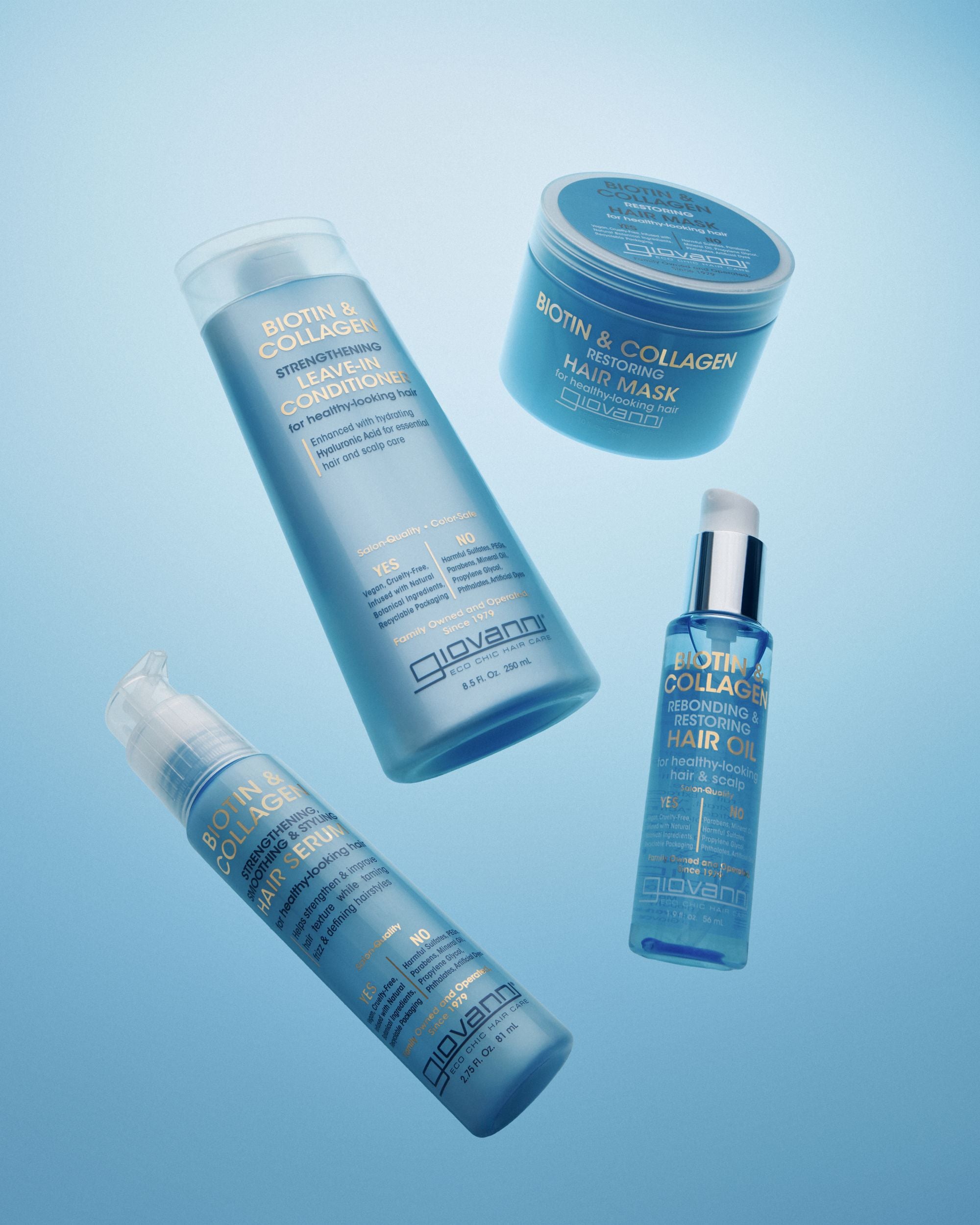 Biotin & Collagen Leave-In Conditioner, Elixir, Oil and Mask floating in beautiful blue background with ambient lighting.