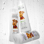 Three white bottles of Giovanni Cosmetics PROFESSIONAL 2-IN-1 PET SHAMPOO & CONDITIONER, each labeled with a cartoon dog in a red bow tie, are displayed on a wet background—perfect for pets needing sensitive skin care.