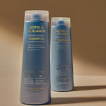 Two bottles of Giovanni Biotin & Collagen hair care products, including Strengthening Shampoo and Strengthening Conditioner, standing against a matching beige background.