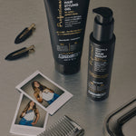 Image of Giovanni Professional Hair Styling Gel and Hair Serum on table with two photos of hair model, comb and hair clips