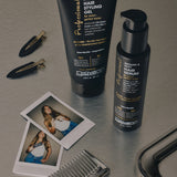 Image of Giovanni Professional Hair Styling Gel and Hair Serum on table with two photos of hair model, comb and hair clips