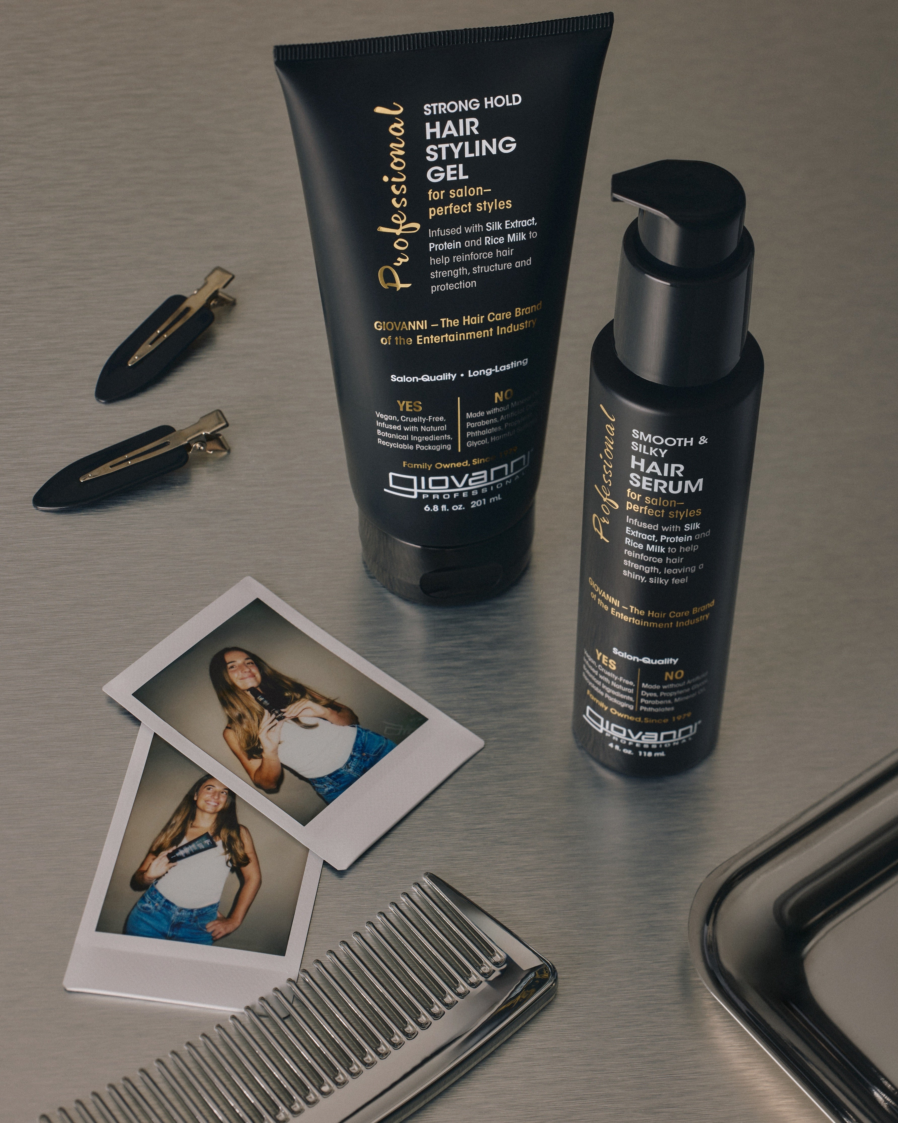 Image of Giovanni Professional Hair Styling Gel and Hair Serum on table with two photos of hair model, comb and hair clips
