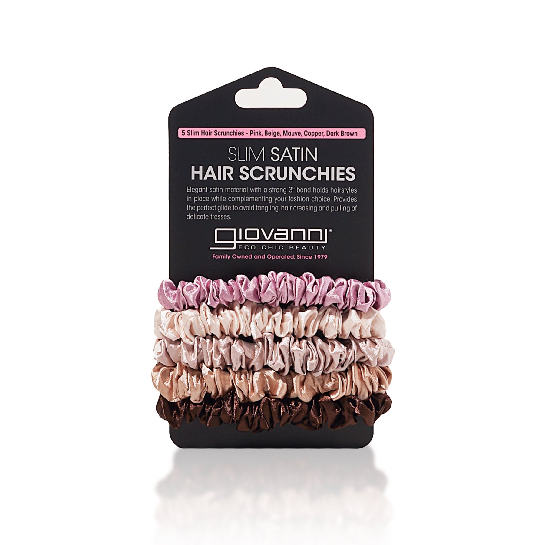 SLIM SATIN HAIR SCRUNCHIES (5 pack - Pink, Beige, Mauve, Copper, Dark Brown) 1
