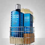 Giovannni Men's grooming products including body wash, bar soap, and a scrubber on a gray background
