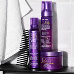 Giovanni CURL Habit products including mousse, spray, and cream on a shelf with a comb.