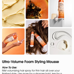 Collage of Giovanni Cosmetics 2chic® ULTRA-VOLUME FOAM STYLING MOUSSE: bottle on papaya slices, mousse swirls, product on hand, voluminous hair results, and usage instructions.