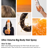 Collage of pictures showing the Ultra-Volume Big Body Hair Spray in use