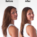Side-by-side photos of a woman in a white tank top: left shows her with frizzy hair labeled "Before," right shows smooth, silky hair labeled "After" using Giovanni Cosmetics SMOOTH AS SILK™ HAIR DETANGLING SPRAY.