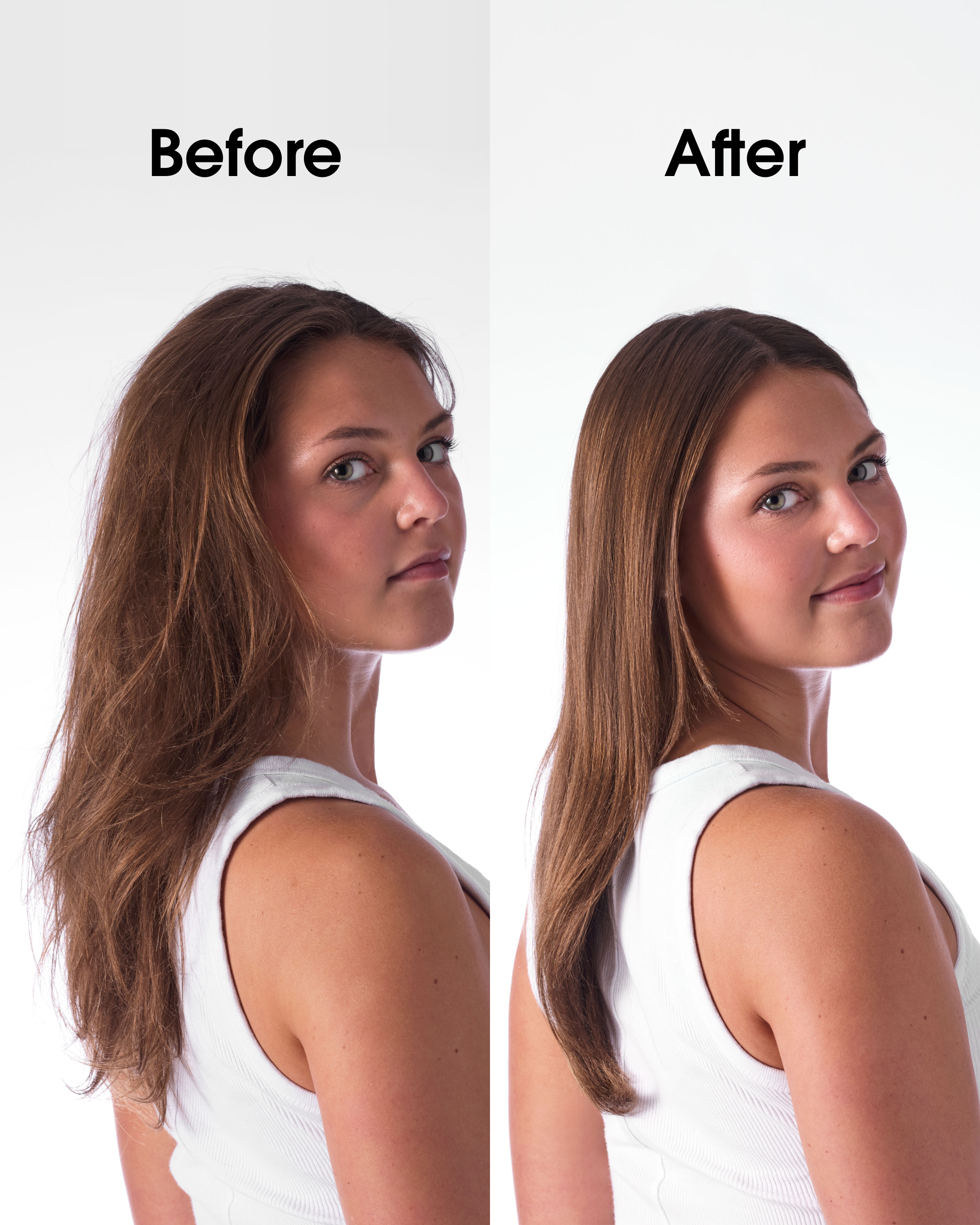 Side-by-side photos of a woman in a white tank top: left shows her with frizzy hair labeled "Before," right shows smooth, silky hair labeled "After" using Giovanni Cosmetics SMOOTH AS SILK™ HAIR DETANGLING SPRAY.