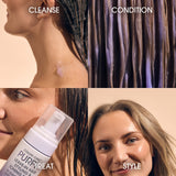 Collage of a woman's hair care routine with text labels 'Cleanse', 'Condition', 'Treat', and 'Style' using Giovanni's Color Chic Purple hair care products. 
