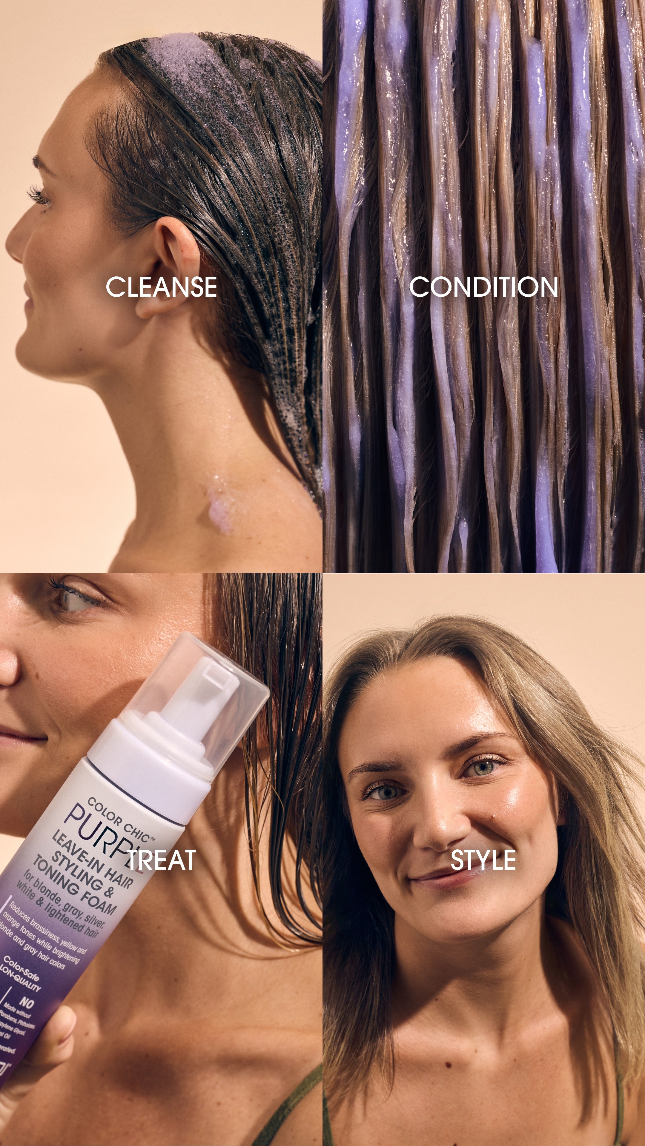Collage of a woman's hair care routine with text labels 'Cleanse', 'Condition', 'Treat', and 'Style' using Giovanni's Color Chic Purple hair care products. 