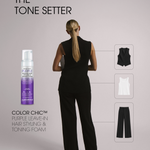 A woman shown from behind wearing a black sleeveless top and black wide-leg pants, with text reading 'THE TONE SETTER' and a bottle of Color Chic Purple Leave-In Hair Styling & Toning Foam. Three inset boxes on the right show outfit color examples: black, white, and black.