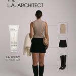 Image of woman from the back titled THE LA ARCHITECT showing her outfit pieces, one of which is LA Hold Styling Gel. 
