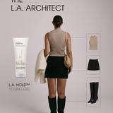 Image of woman from the back titled THE LA ARCHITECT showing her outfit pieces, one of which is LA Hold Styling Gel. 