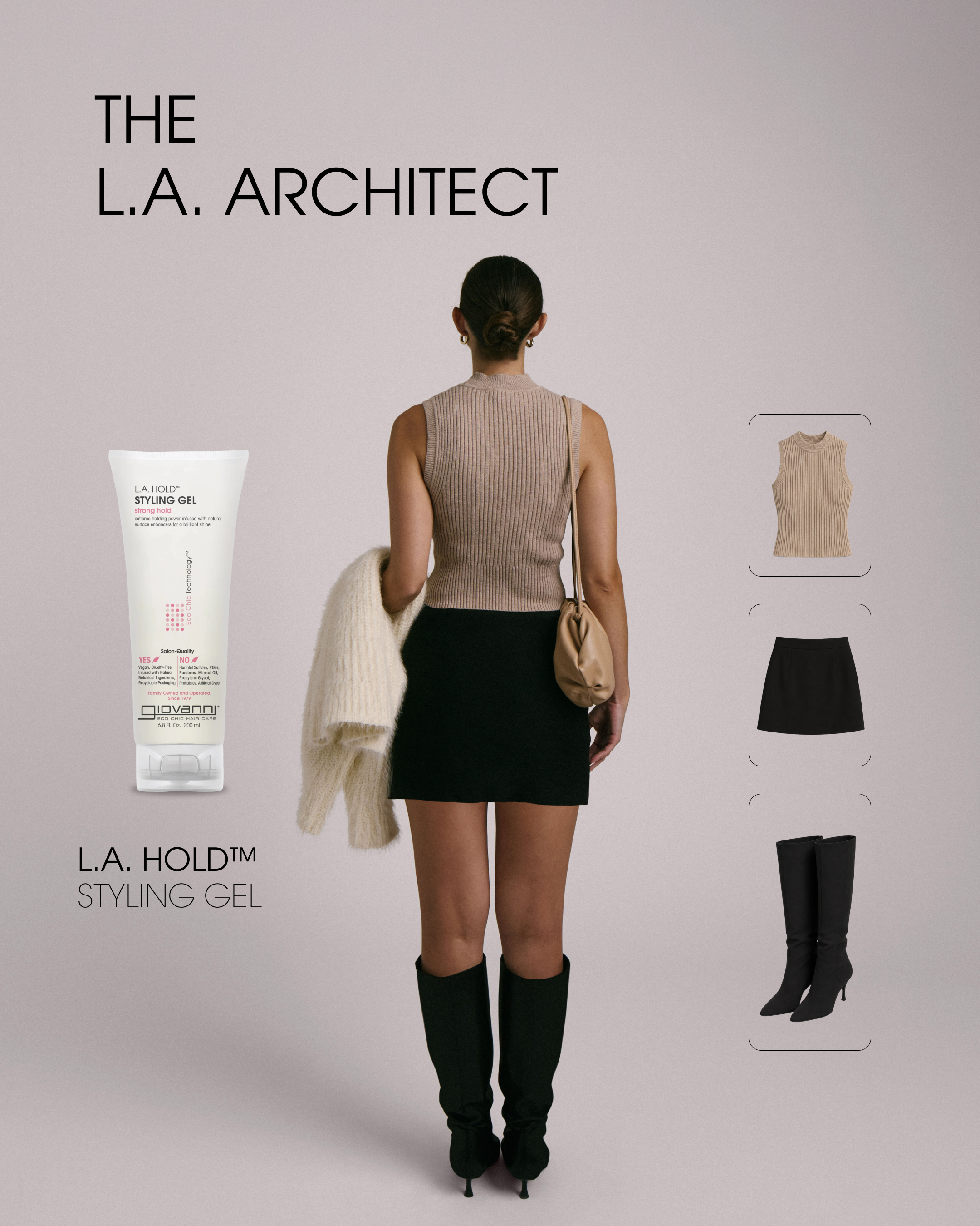 Image of woman from the back titled THE LA ARCHITECT showing her outfit pieces, one of which is LA Hold Styling Gel. 