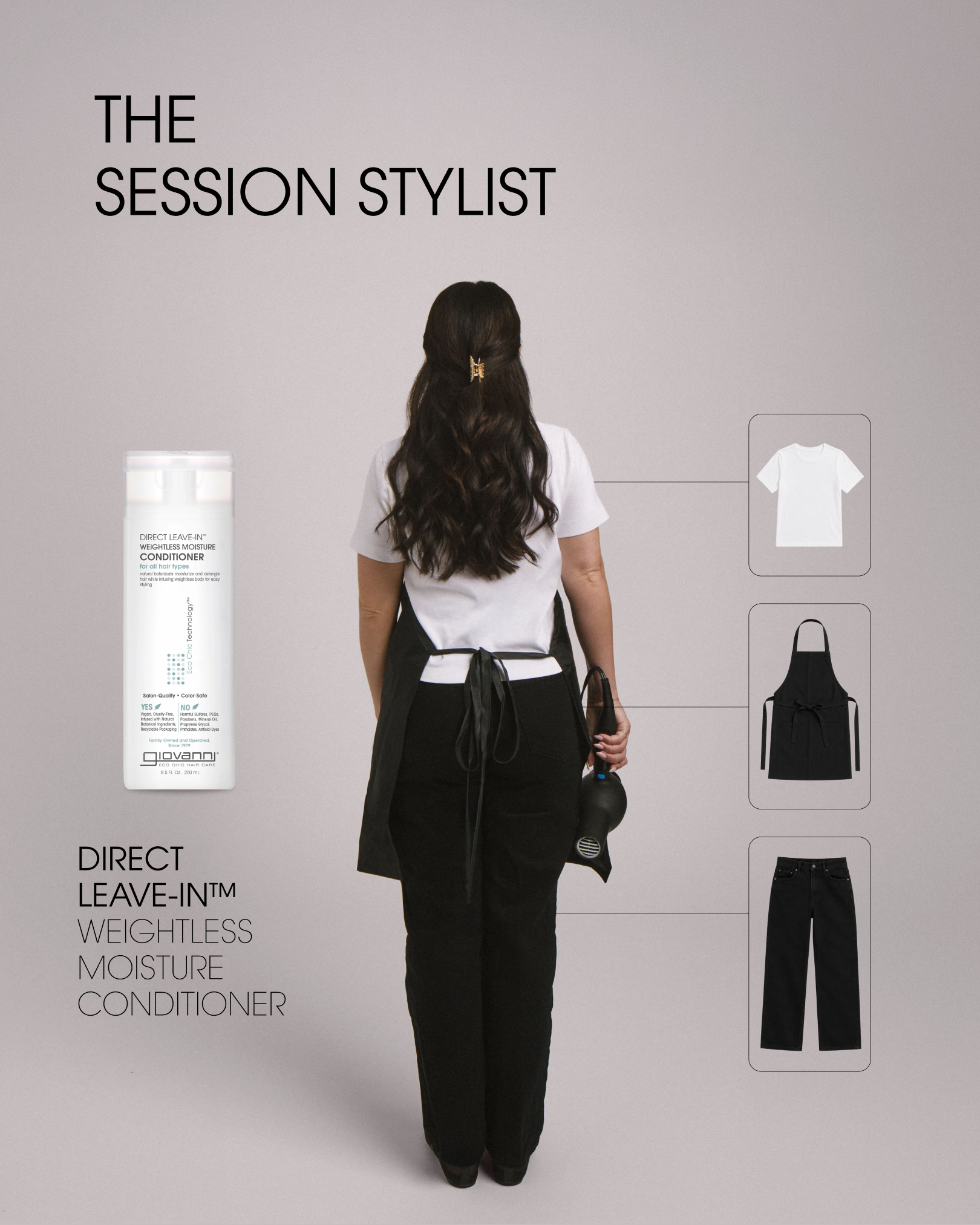 Image of woman from behind with inset images of her outfit pieces including Direct Leave-In Weightless Moisture Conditioner