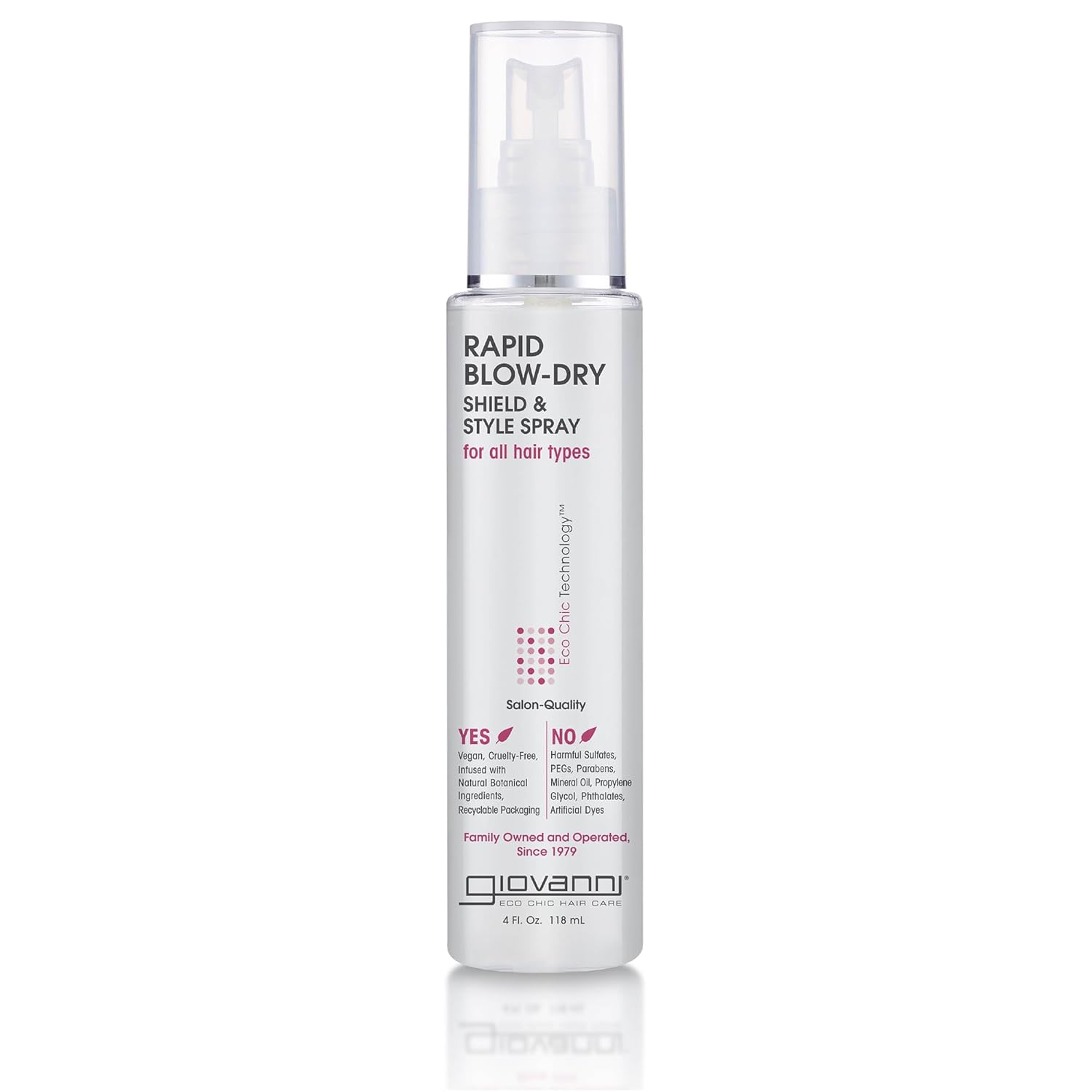 A clear Giovanni Cosmetics RAPID BLOW-DRY SHIELD AND STYLE SPRAY bottle with pink and black text stands on a white background—ideal for all hair types, offering frizz control and heat protection during blow-drying.