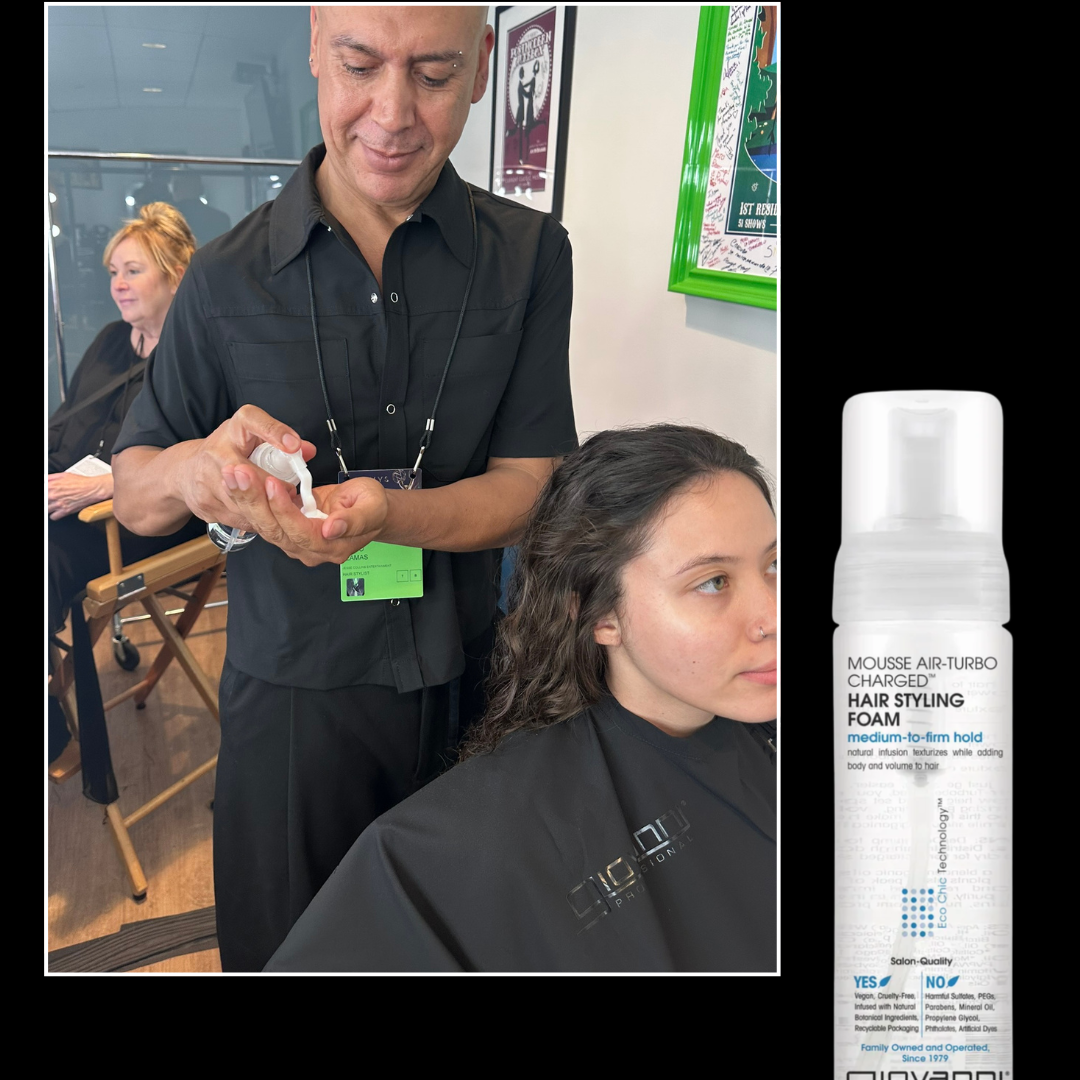 Mousse Air Turbo Charged Hair Styling Foam being used backstage at the Emmys by a hairstylist