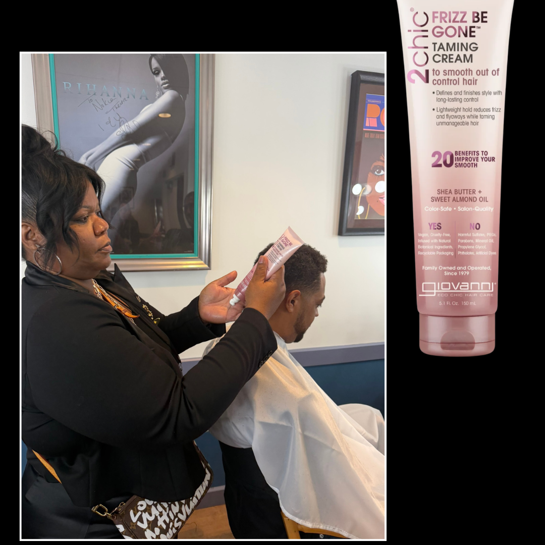 A split image showing a salon scene on the left and a large product tube on the right. The salon photo shows a woman applying product to a client's hair.